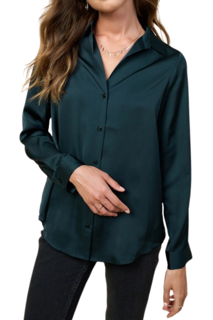 Recycled Poly Button Down Shirt Blouse-Green